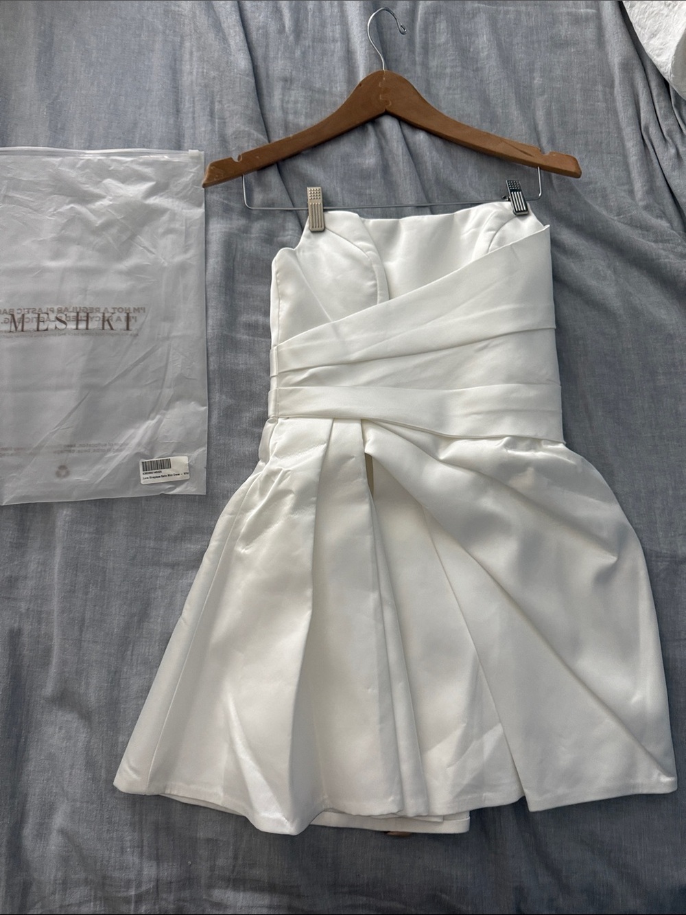 Meshki White Strapless Pleated Satin Mini Dress